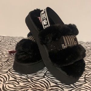Juicy ROANNA Slipper Sandal Slide Faux Fur Platform Black Clear Gem 7M
